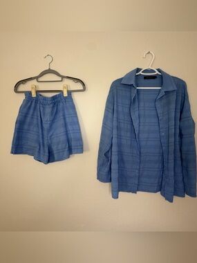 Merokeety Blue Textured Button Down Shirt & Shorts Matching Set Small
